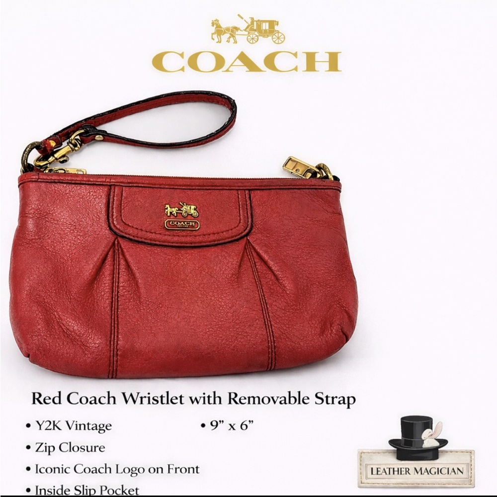 COACH Red Leather Wristlet Clutch with Gold-Tone Logo Y2K Vintage